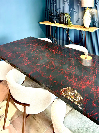 Dark Grey with Red Marble – High Gloss Resin Dining Table (Custom Size)