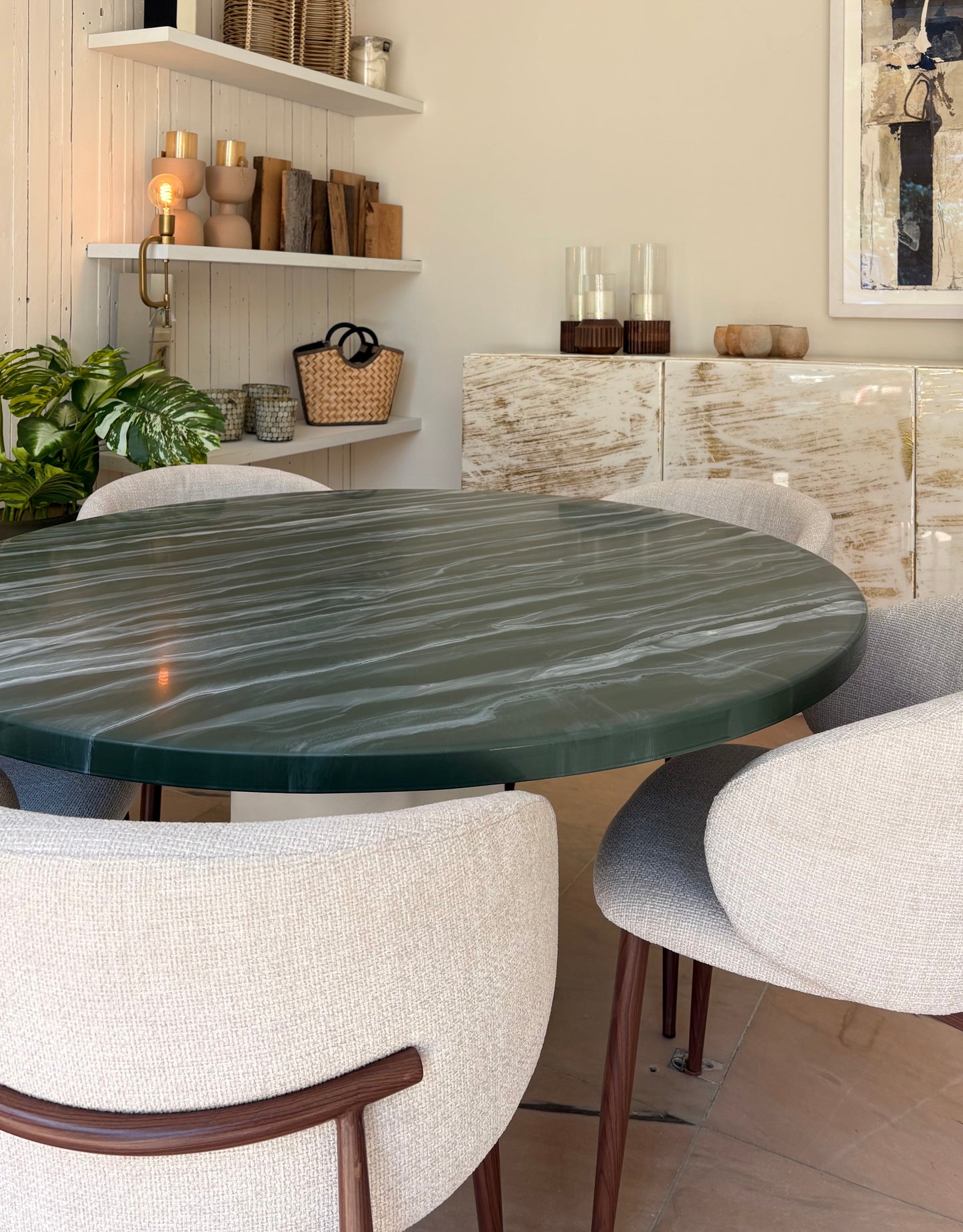 Round Dining Table | Green Marble Epoxy with Gold Accents