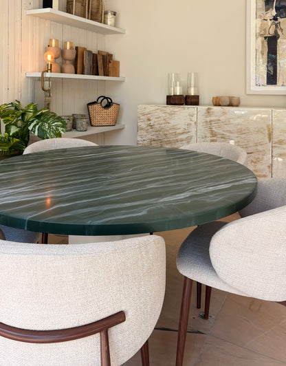 Round Dining Table | Green Marble Epoxy with Gold Accents