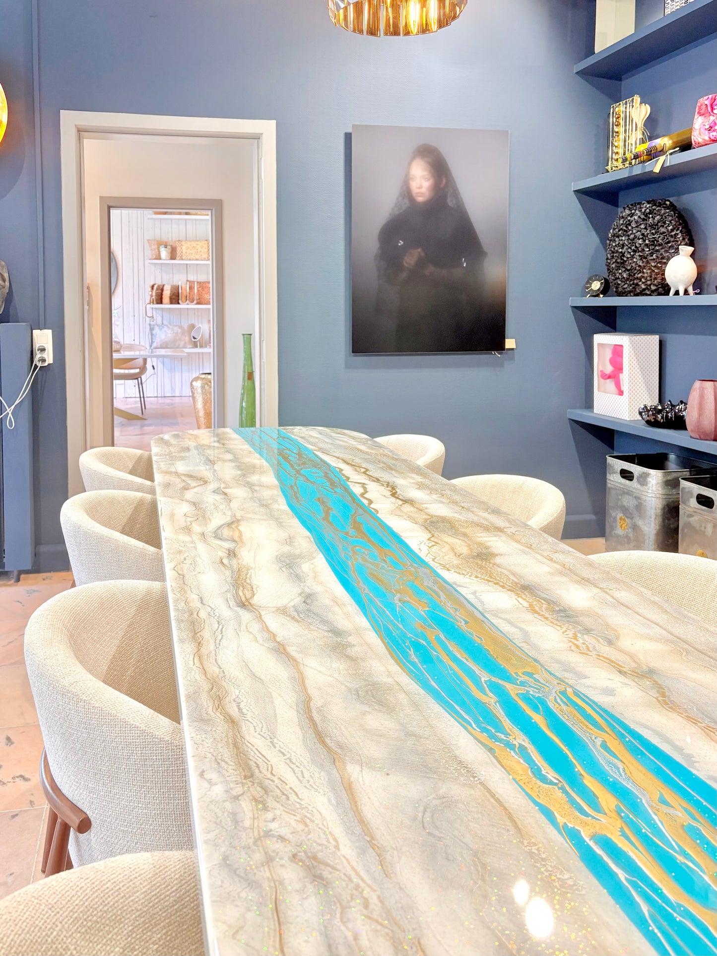 Turquoise Resin River Dining Table with Sparkles (Custom Made)