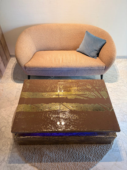 Gold Leaf Coffee Table – Dark Taupe Epoxy Resin with Multicolor LED Lighting