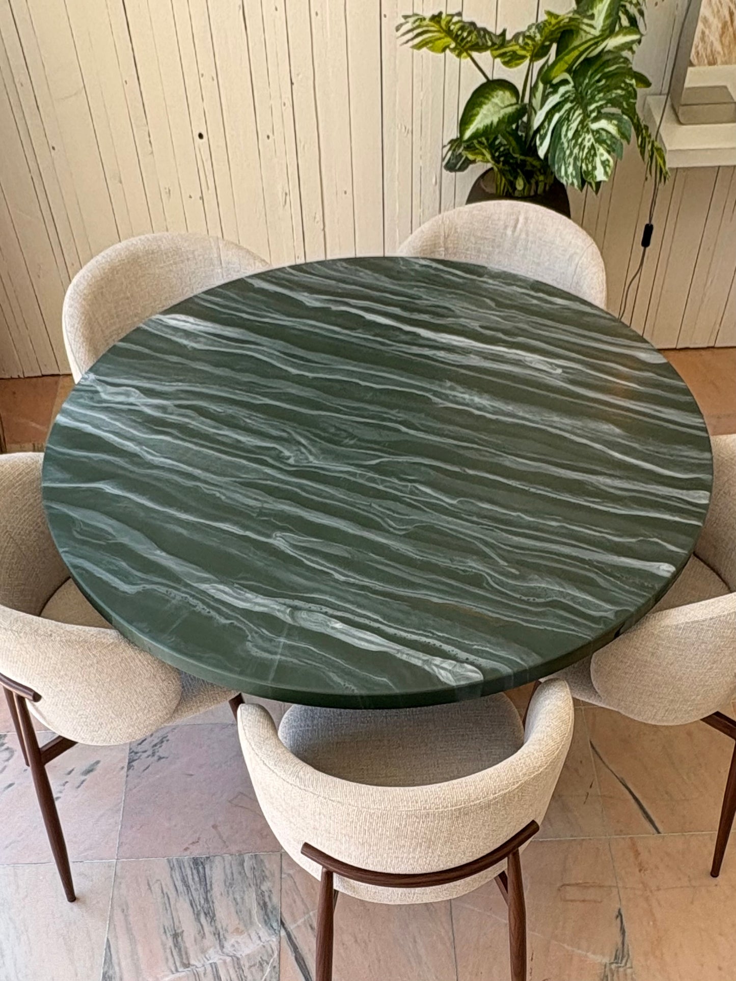 Round Dining Table | Green Marble Epoxy with Gold Accents