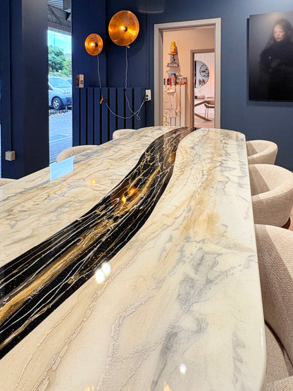 Black Resin River Table with Gold Sparkles (Luxury Handmade)