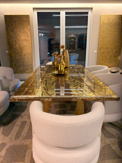 Golden Veins Gold Leaf Resin Dining Table with Gilded Sculptural Legs