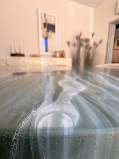Round Dining Table | Green Marble Epoxy with Gold Accents
