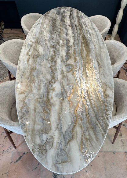 Customized Oval Dining Table | Silver and Gold Pouring Art