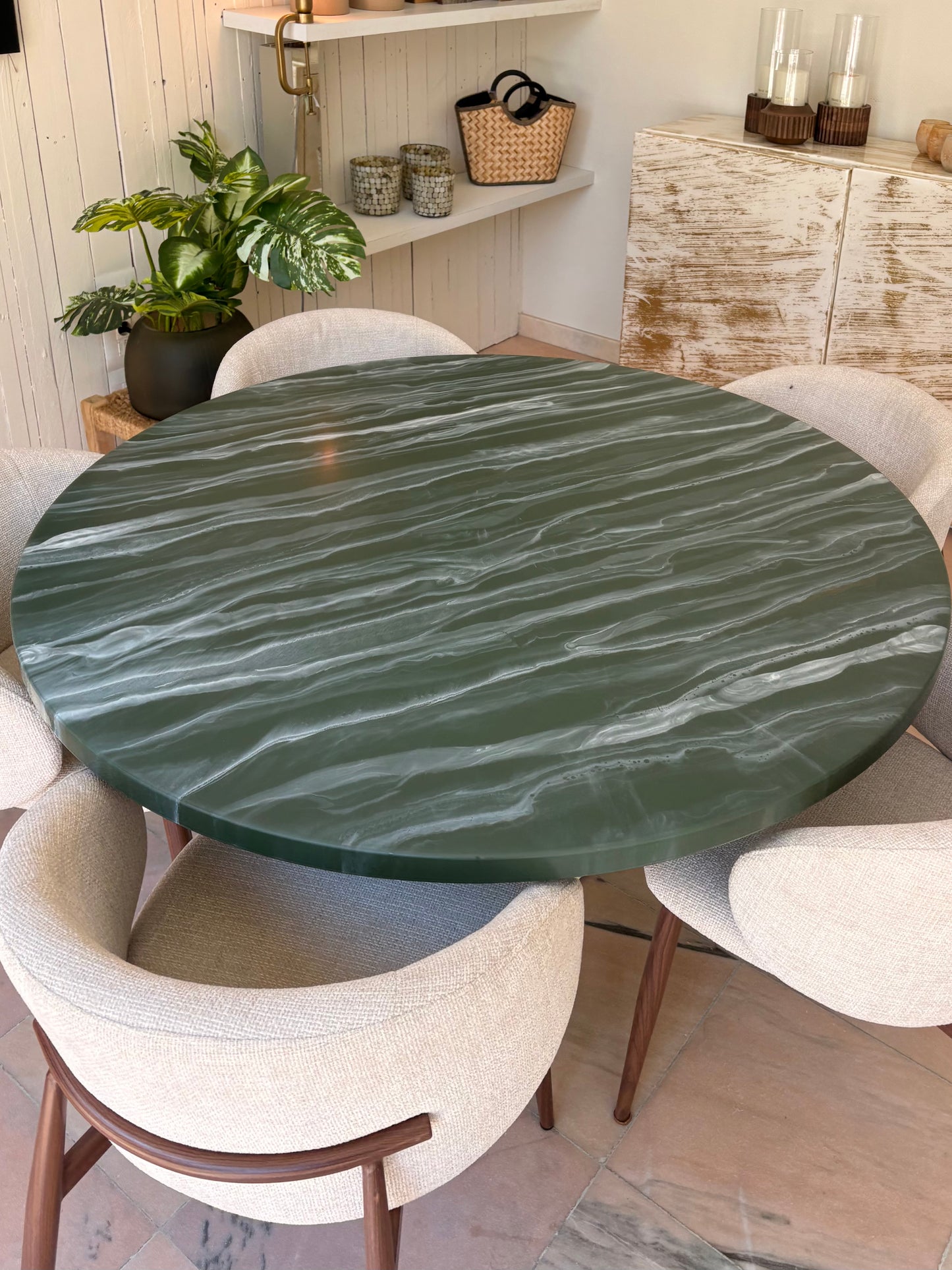 Round Dining Table | Green Marble Epoxy with Gold Accents