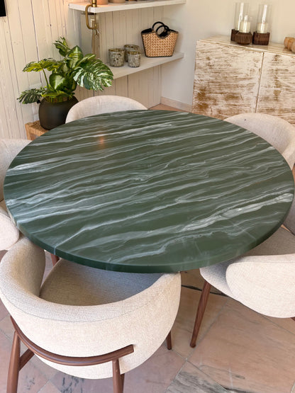 Round Dining Table | Green Marble Epoxy with Gold Accents