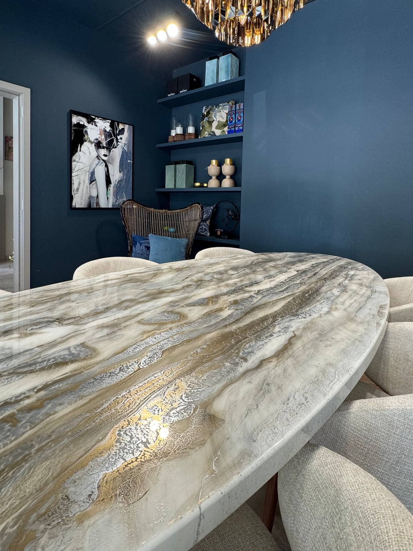 Customized Oval Dining Table | Silver and Gold Pouring Art