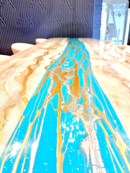 Turquoise Resin River Dining Table with Sparkles (Custom Made)