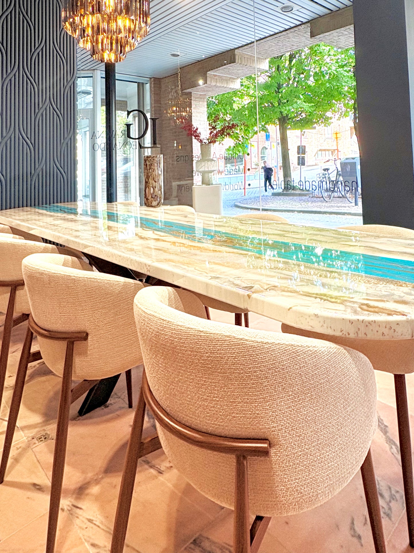 Turquoise Resin River Dining Table with Sparkles (Custom Made)