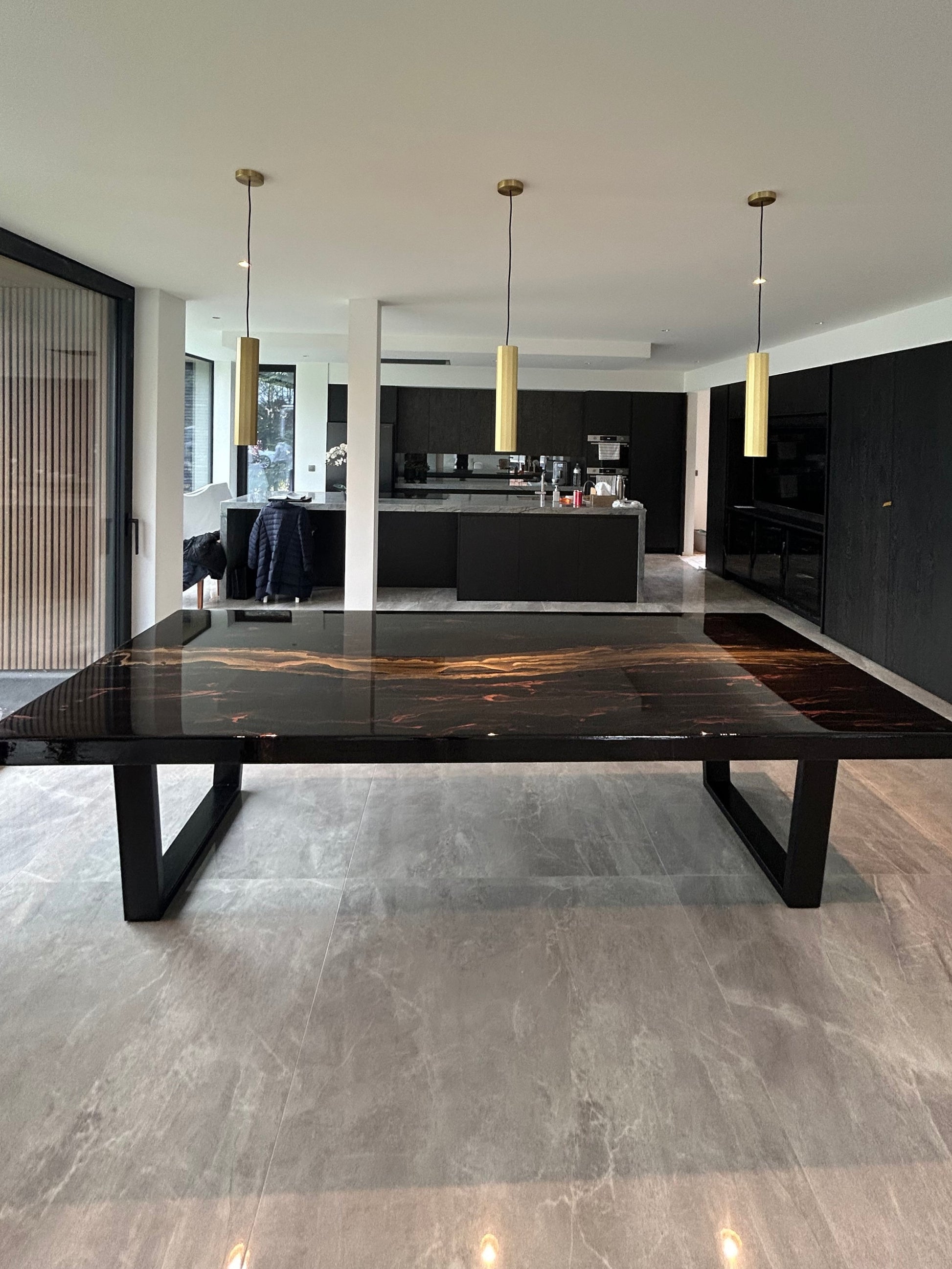 Rectangular Epoxy Resin Dining Table, Bronze Marble Design and Gold River