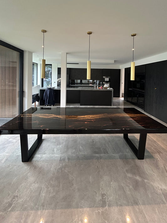 Rectangular Epoxy Resin Dining Table, Bronze Marble Design and Gold River