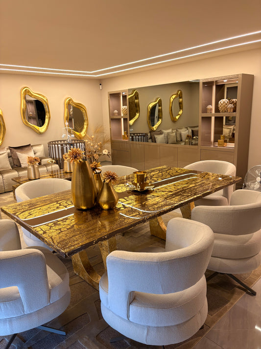 Golden Veins Gold Leaf Resin Dining Table with Gilded Sculptural Legs