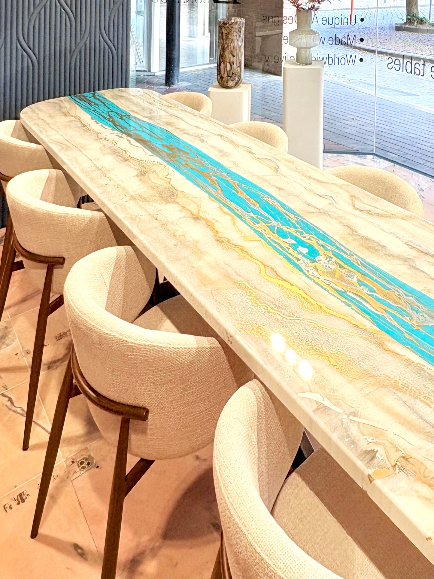 Turquoise Resin River Dining Table with Sparkles (Custom Made)