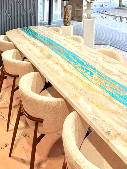 Turquoise Resin River Dining Table with Sparkles (Custom Made)