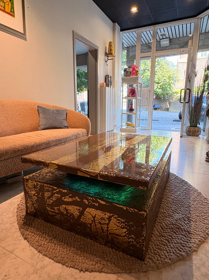 Gold Leaf Coffee Table – Dark Taupe Epoxy Resin with Multicolor LED Lighting