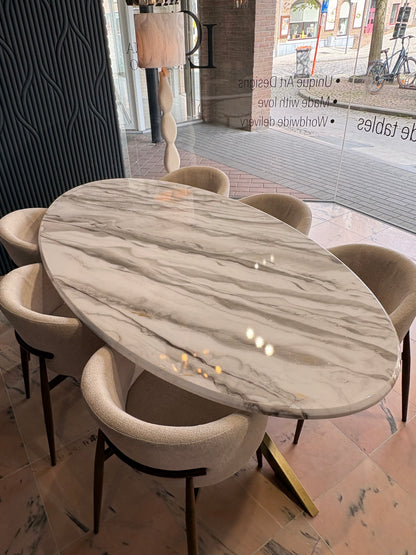 Table à manger ovale en époxy effet marbre — Fabriquée à la main sur commande