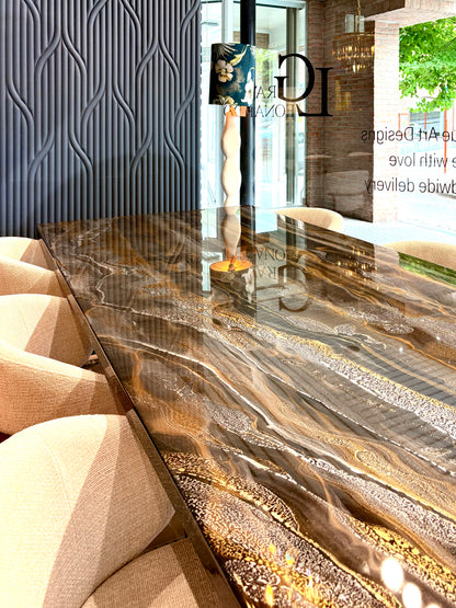 Dark Gold & Silver Resin Dining Table (Handmade)