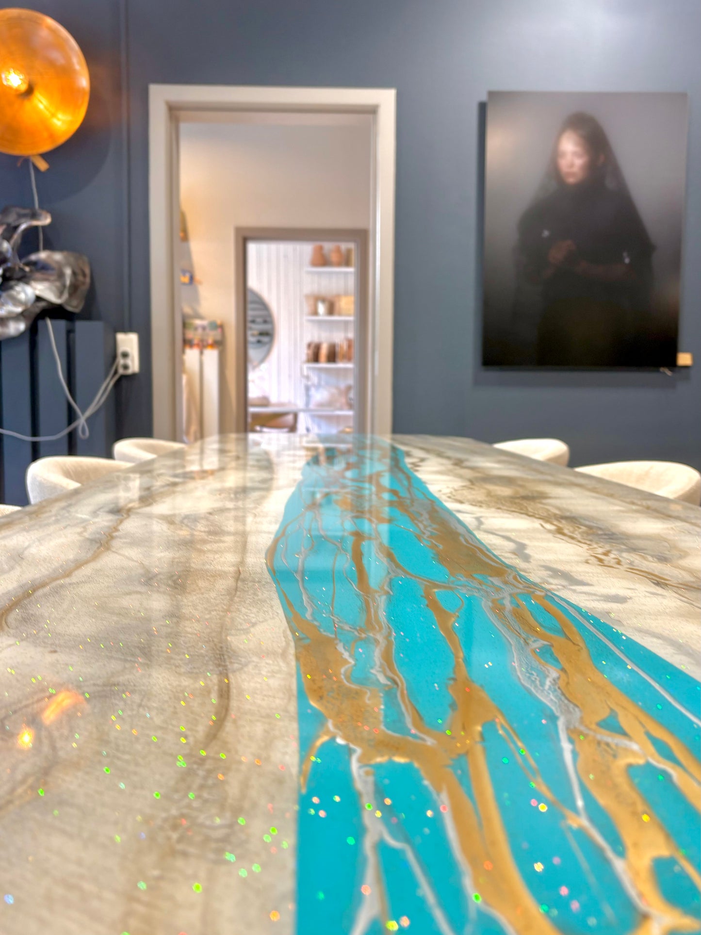 Turquoise Resin River Dining Table with Sparkles (Custom Made)
