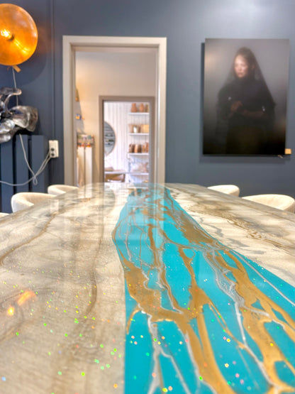 Turquoise Resin River Dining Table with Sparkles (Custom Made)