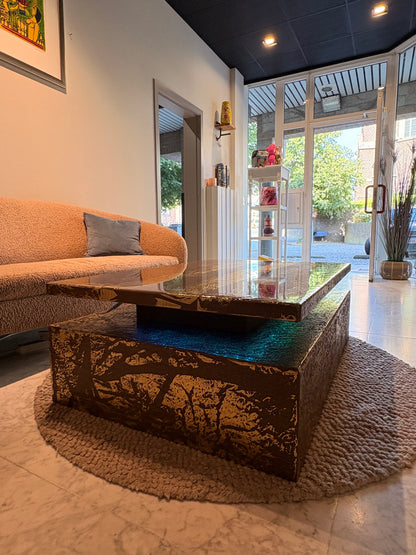 Gold Leaf Coffee Table – Dark Taupe Epoxy Resin with Multicolor LED Lighting