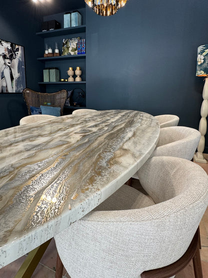 Customized Oval Dining Table | Silver and Gold Pouring Art