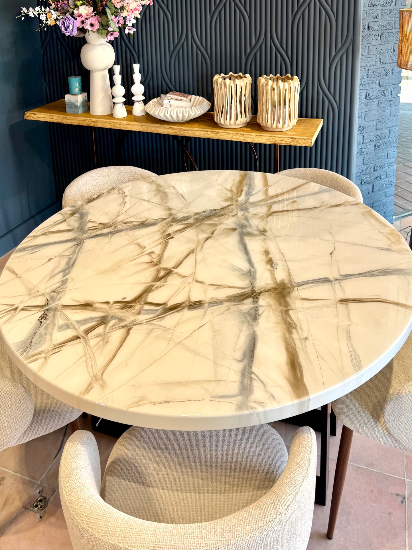 Table de salle à manger ronde | Design en marbre blanc et vert