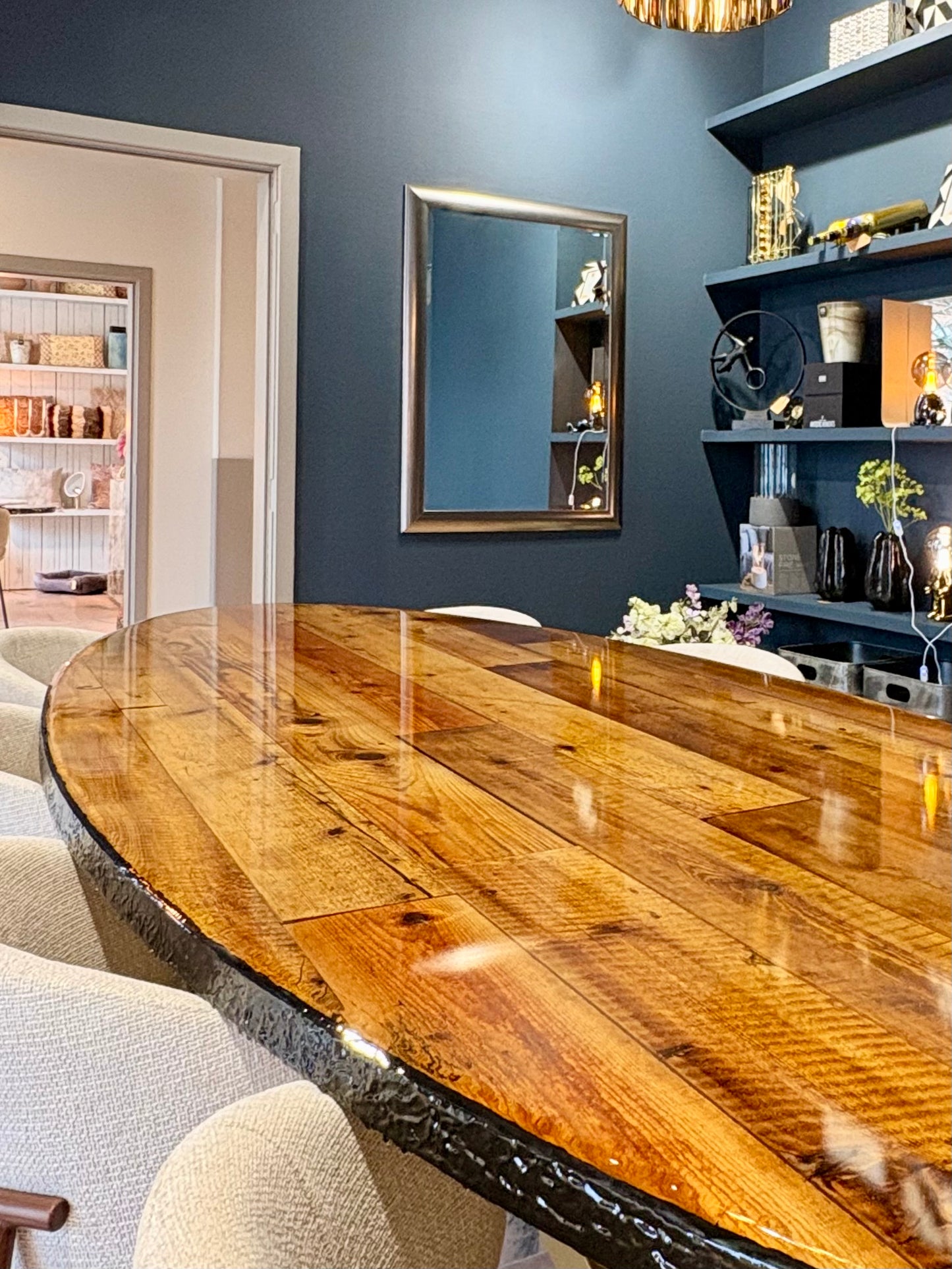 Oval Reclaimed Wood Dining Table | 3D Resin Art  | Barnwood