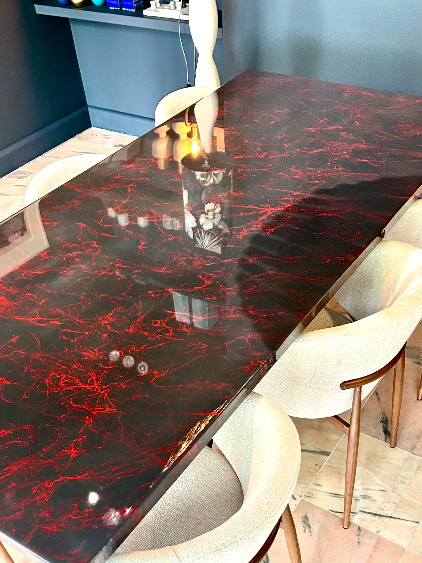 Dark Grey with Red Marble – High Gloss Resin Dining Table (Custom Size)