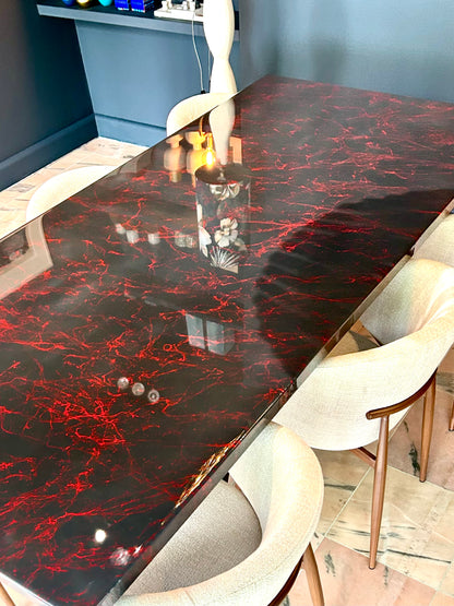 Dark Grey with Red Marble – High Gloss Resin Dining Table (Custom Size)