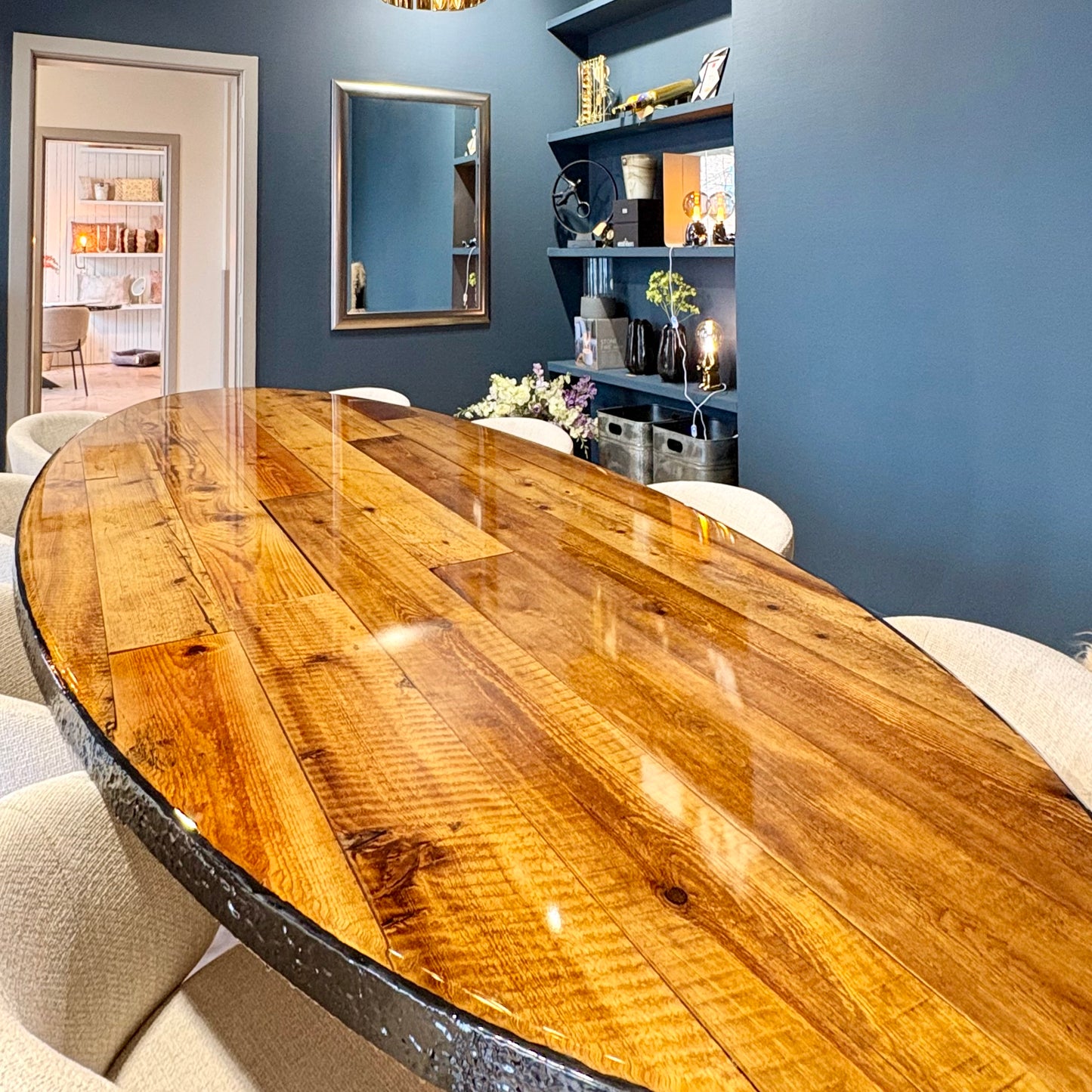 Oval Reclaimed Wood Dining Table | 3D Resin Art  | Barnwood