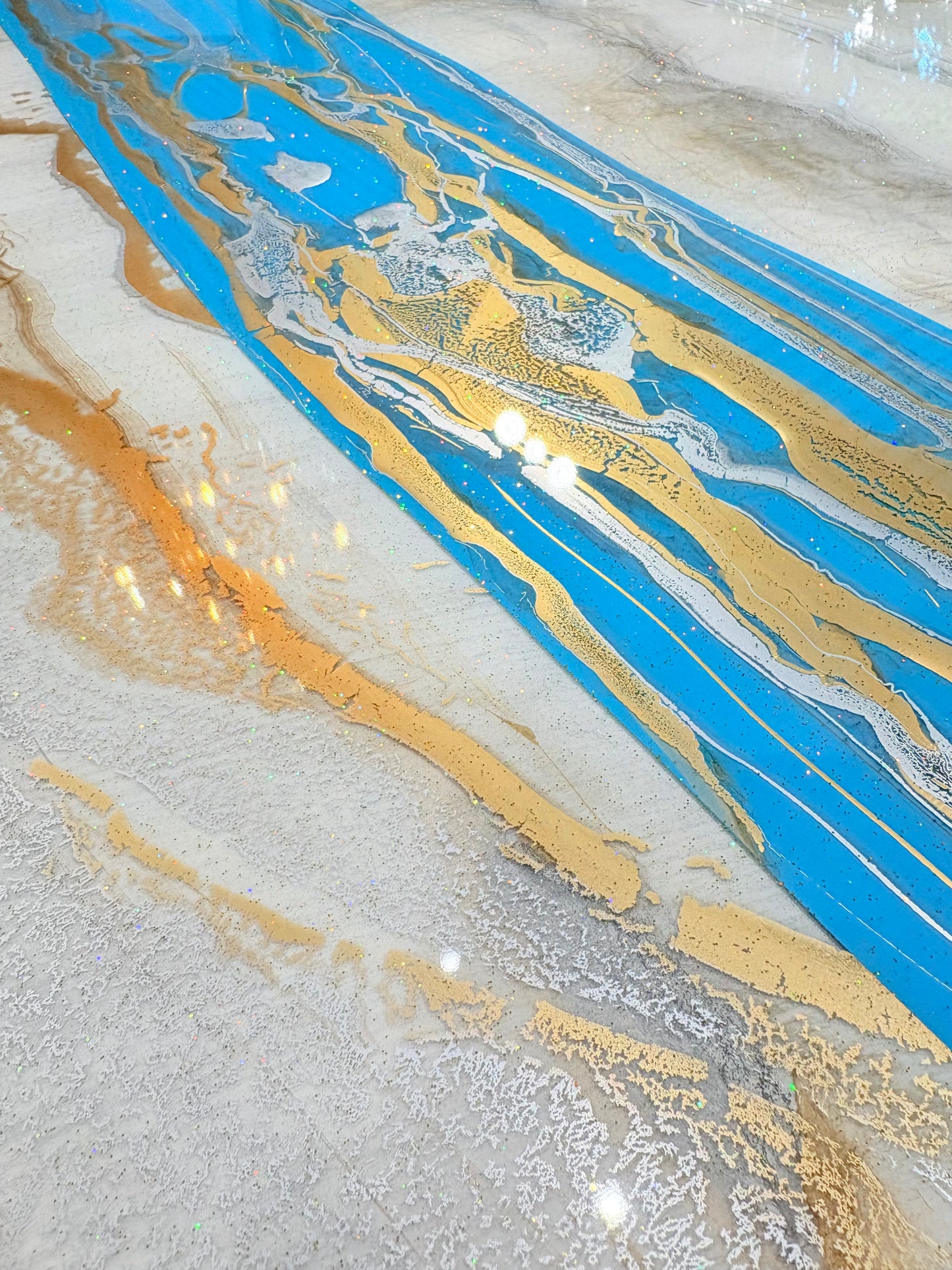 Turquoise Resin River Dining Table with Sparkles (Custom Made)