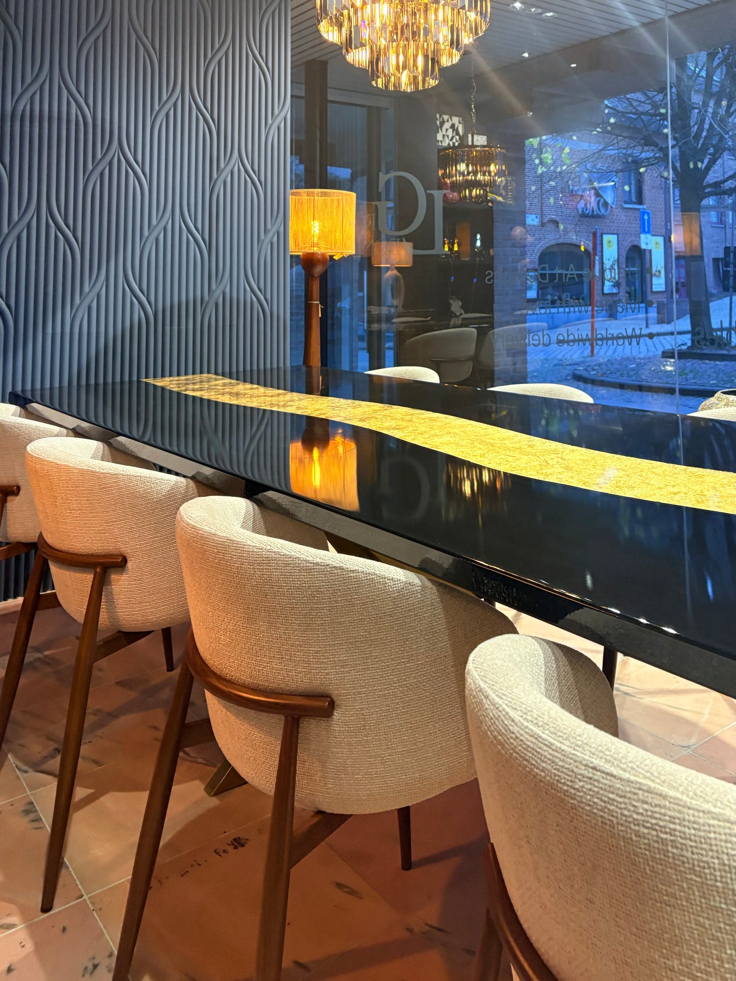 Black Dining Table with Glossy Gold River (Custom Size)