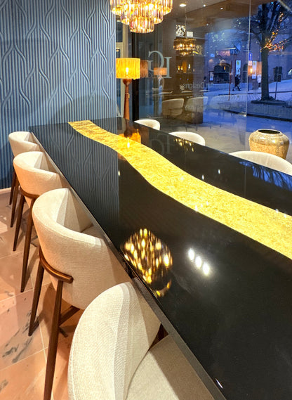 Black Dining Table with Glossy Gold River (Custom Size)