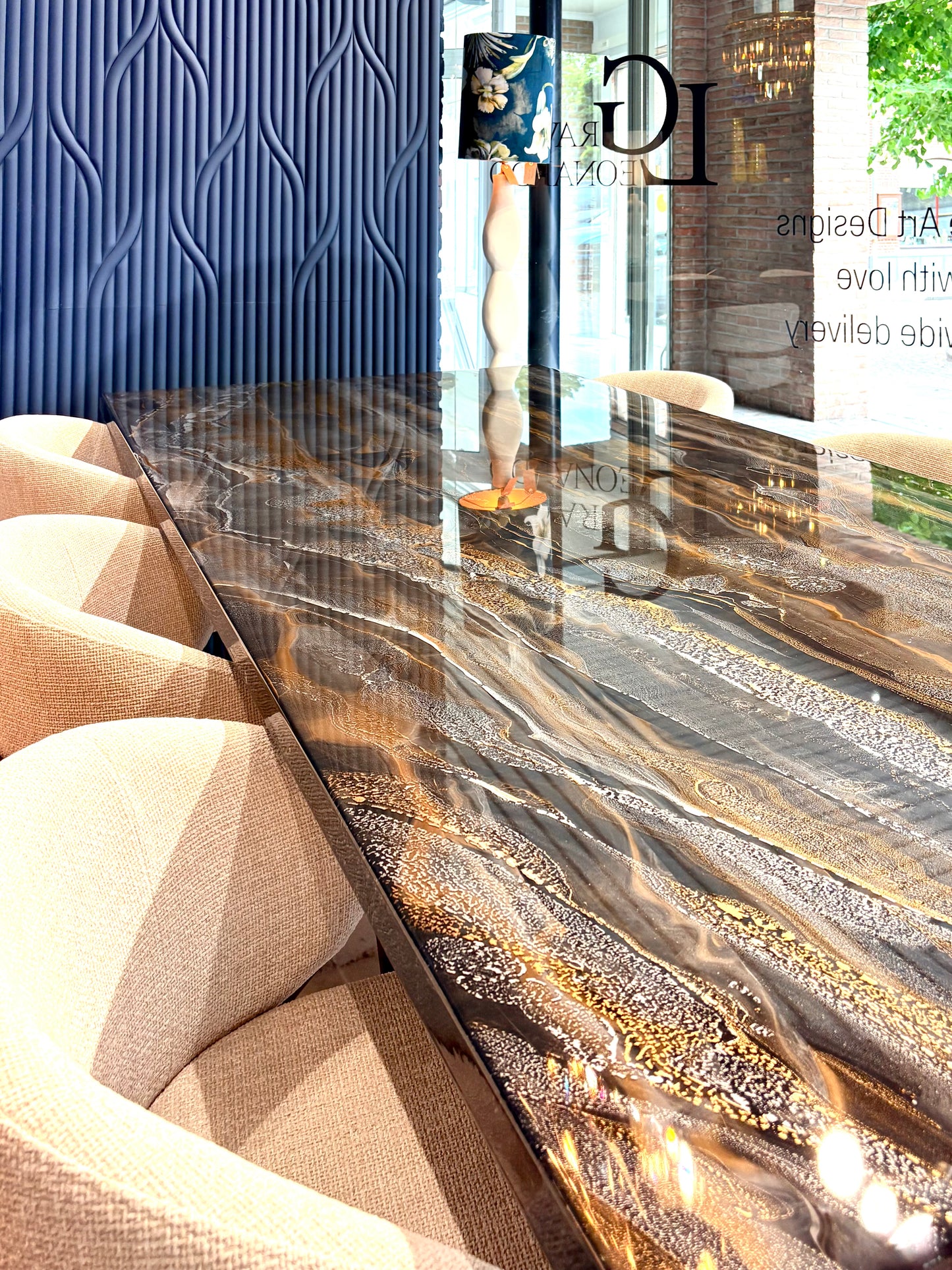 Dark Gold & Silver Resin Dining Table (Handmade)