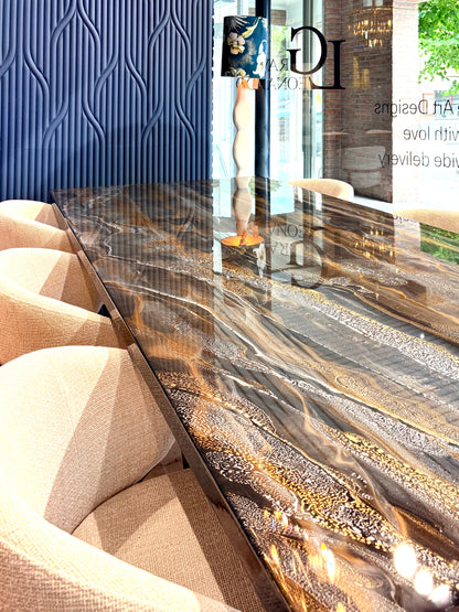 Dark Gold & Silver Resin Dining Table (Handmade)