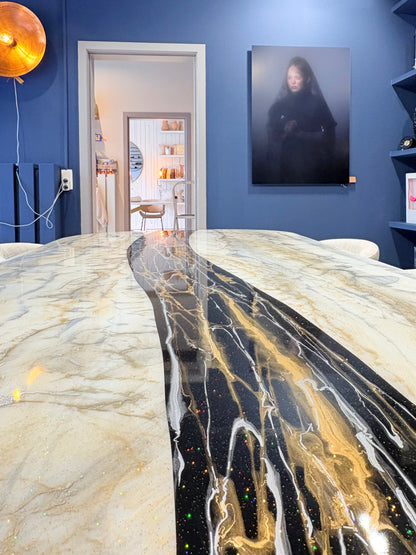 Black Resin River Table with Gold Sparkles (Luxury Handmade)