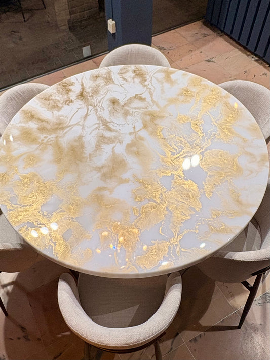 round epoxy dining table, gold cloud marble design
