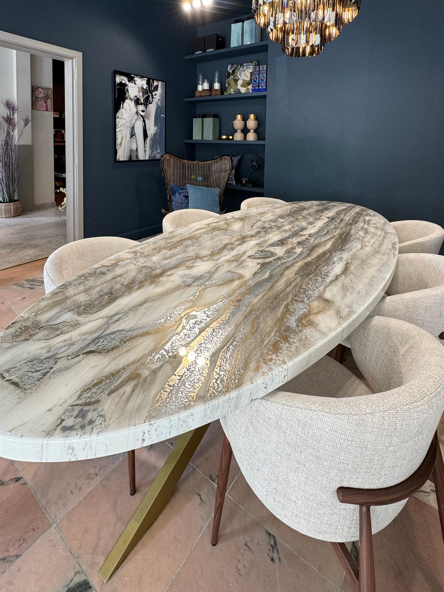 Customized Oval Dining Table | Silver and Gold Pouring Art