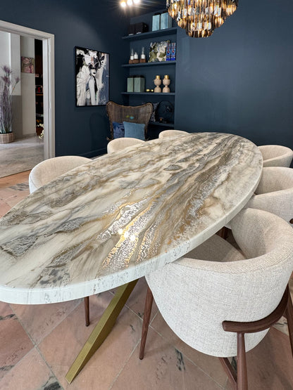 Customized Oval Dining Table | Silver and Gold Pouring Art