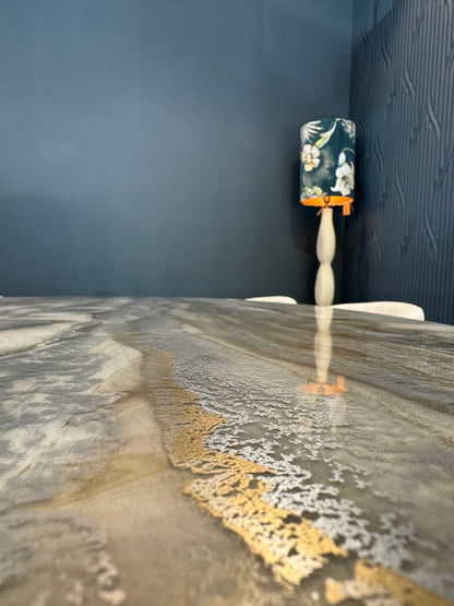 Customized Oval Dining Table | Silver and Gold Pouring Art