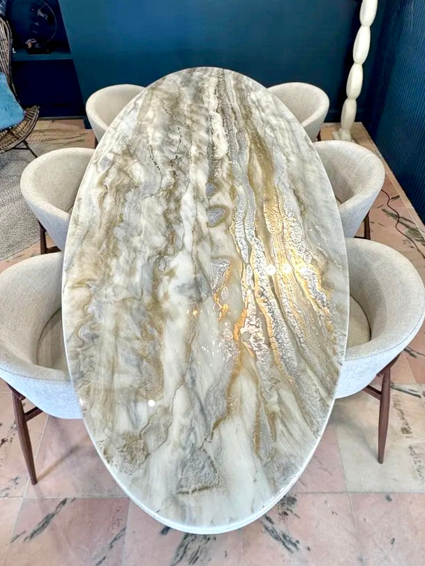 Oval Gold & Silver Marble Effect Dining Table (Custom)
