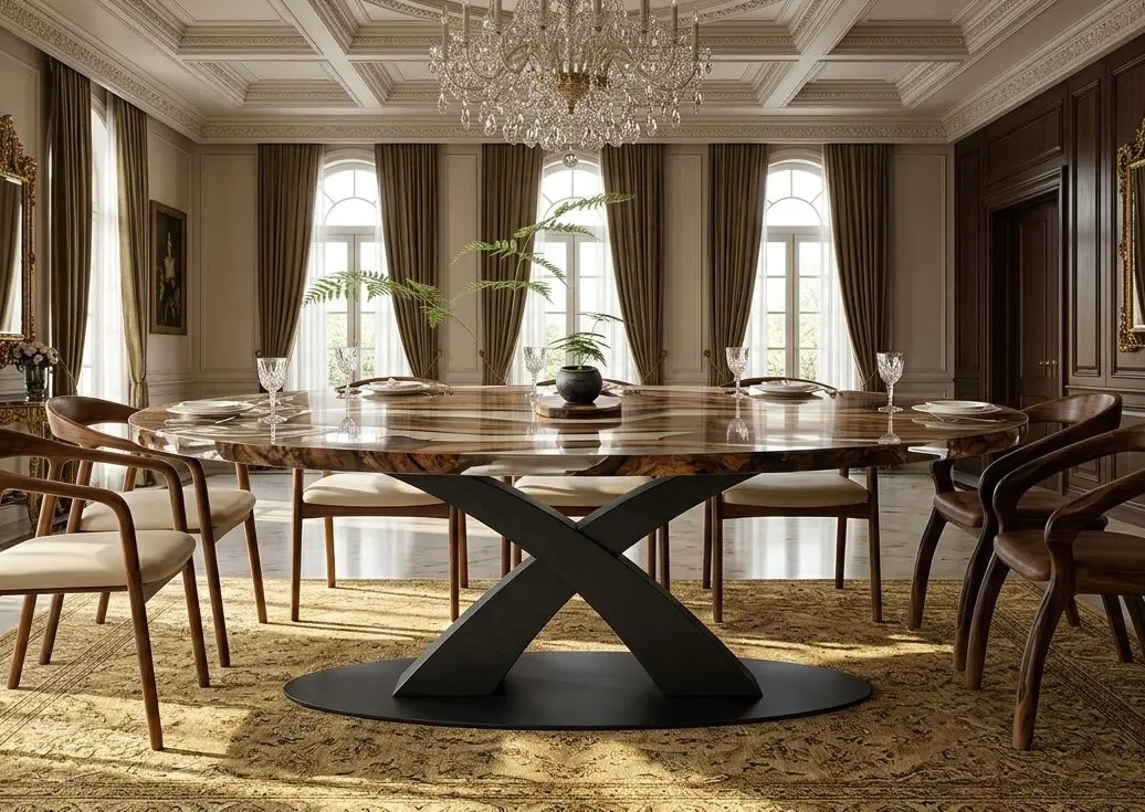 Crafted from the finest, richly grained walnut slabs and shimmering, custom-poured resin, this 'river' table is more than furniture; it's a piece of functional art