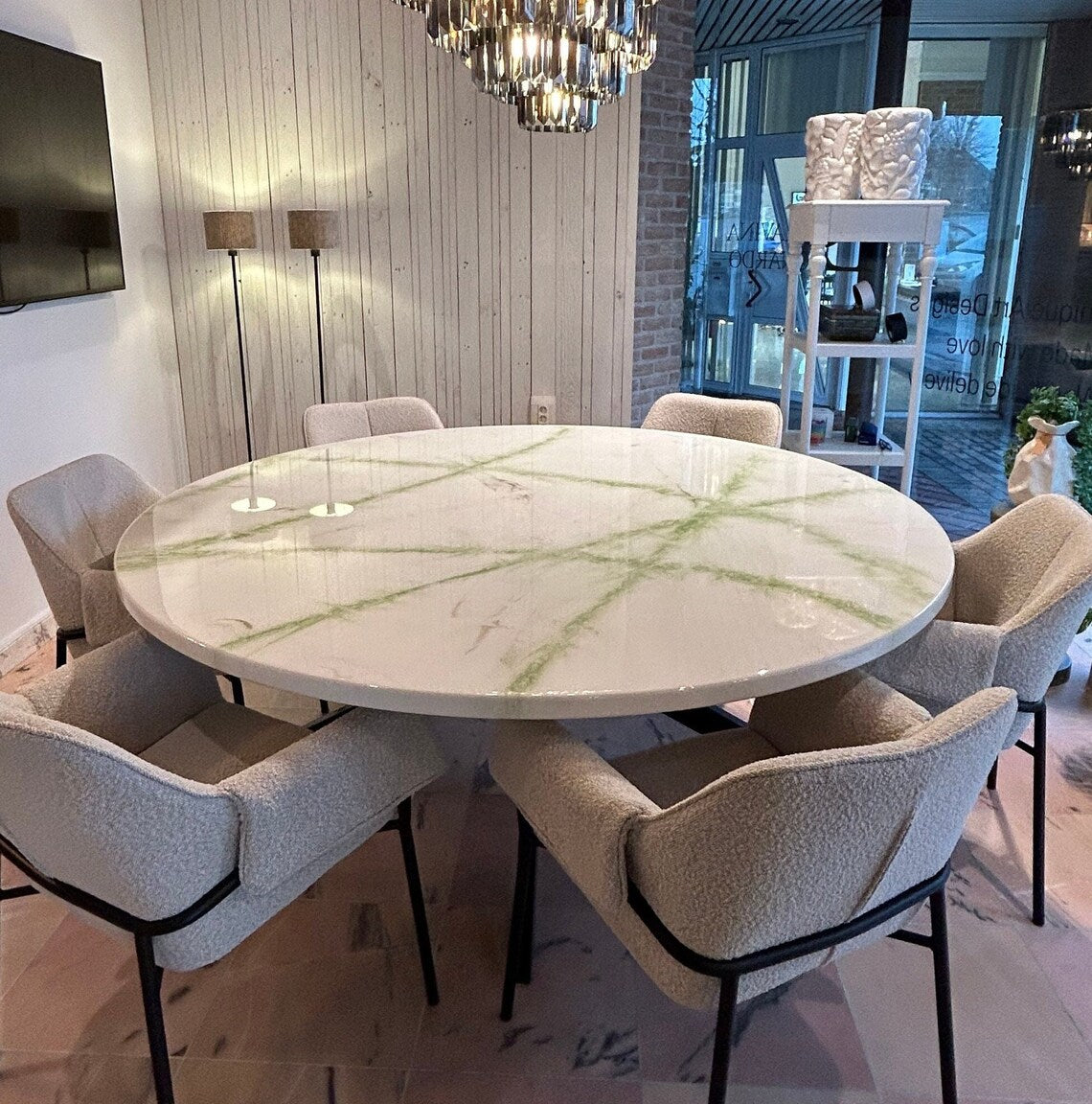 Round Dining Table | White and Green Marble Design