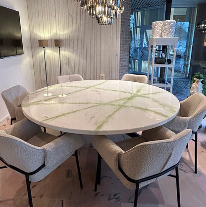 Round Dining Table | White and Green Marble Design