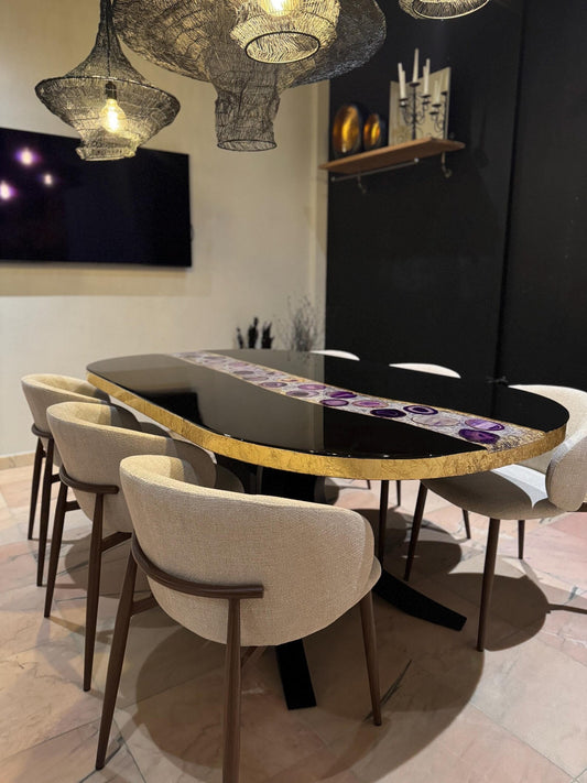 Custom Dining Table | Black with Agate Stones & Gold Finish
