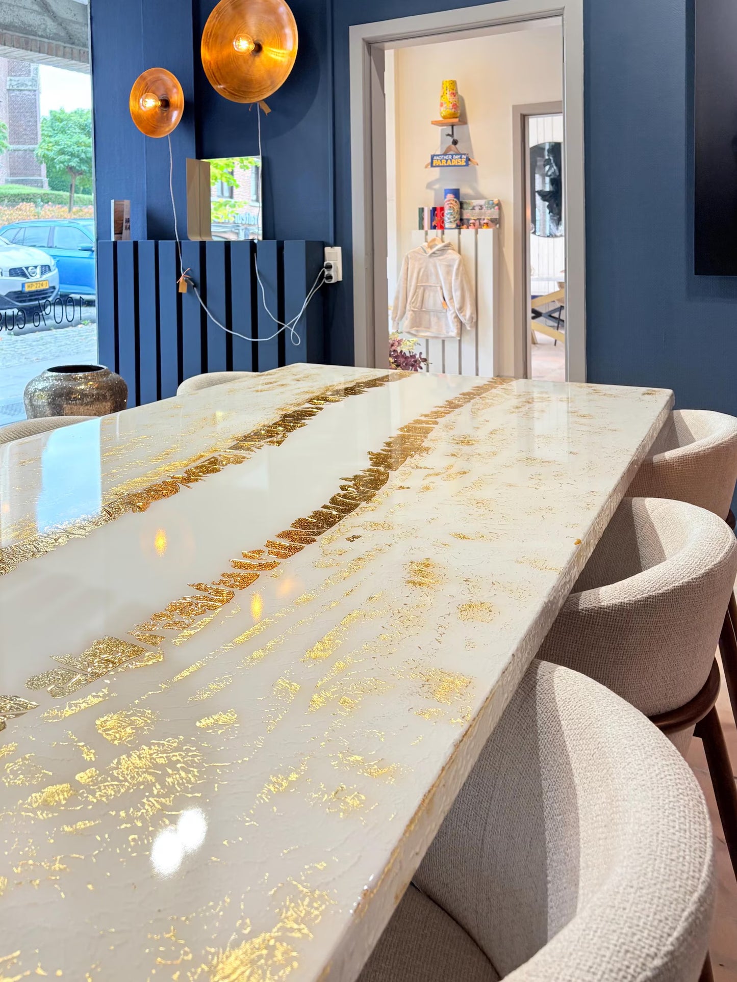 Exclusive Made Dining Table | Shiny Gold Design | Unique River | Safe Shipping Worldwide