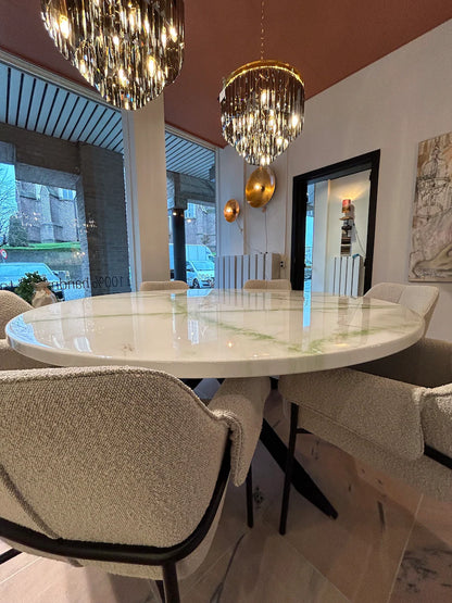 Round Dining Table | White and Green Marble Design