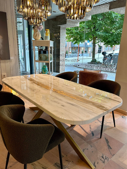 Rounded Corners Dining Table | Grey Marble Pattern | Gold River